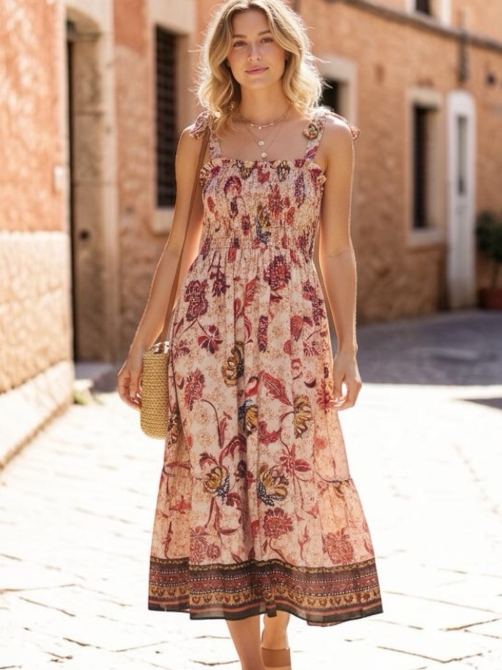 BOHEMIAN FLORAL SUNDRESS SMOCKED MIDI-DRESS SIZE LARGE/XL TIE SHOULDERS STRETCHY
